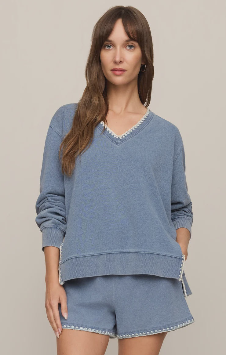 Z Supply Cam Knit Denim Whipstitch Top Santorini Indigo