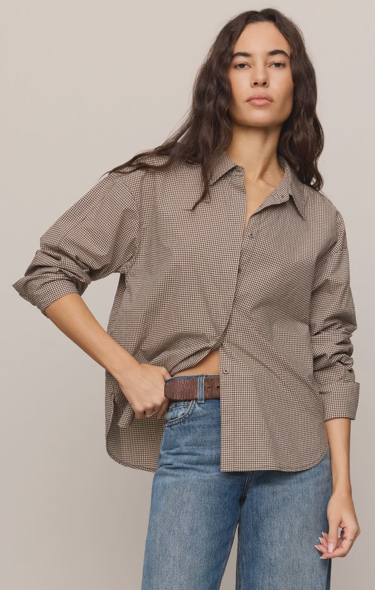 Z Supply On Duty Gingham Button Up Shirt in Dark Chocolate