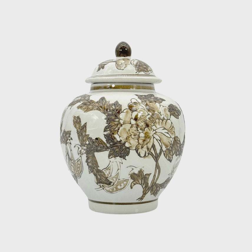 Brown & White Chinoiserie Ceramic Urn Style Jar 10"