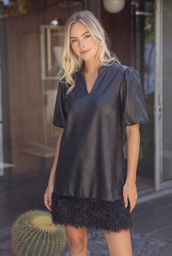 Metallic Feather Fringe Hem Faux Leather Dress in Black