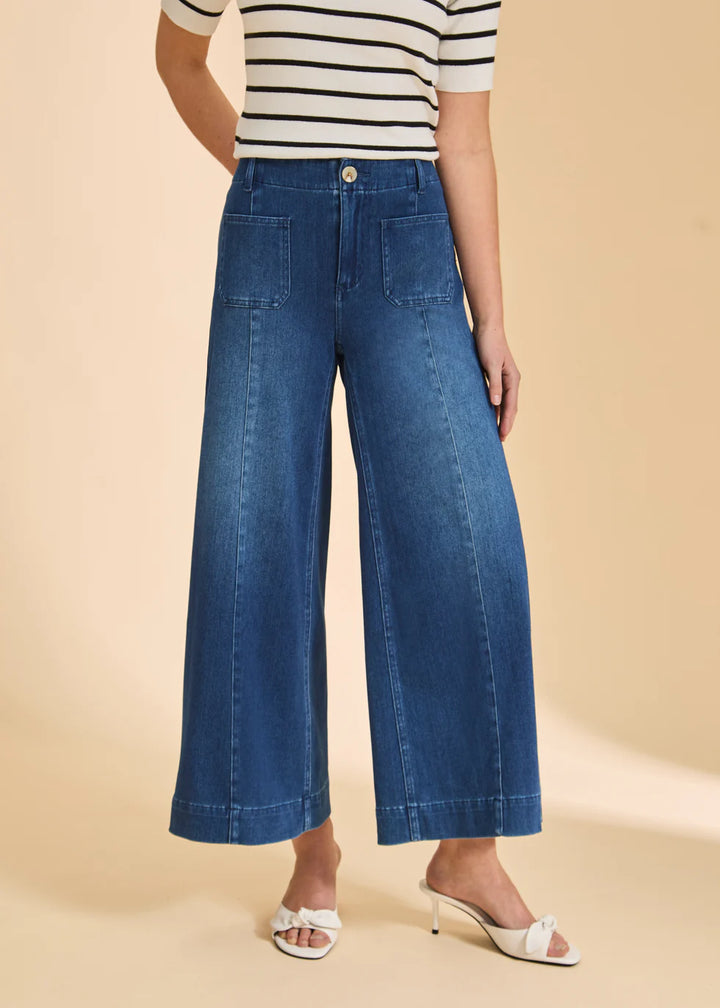 Pull-On Wide Crop Jeans in Blue Denim