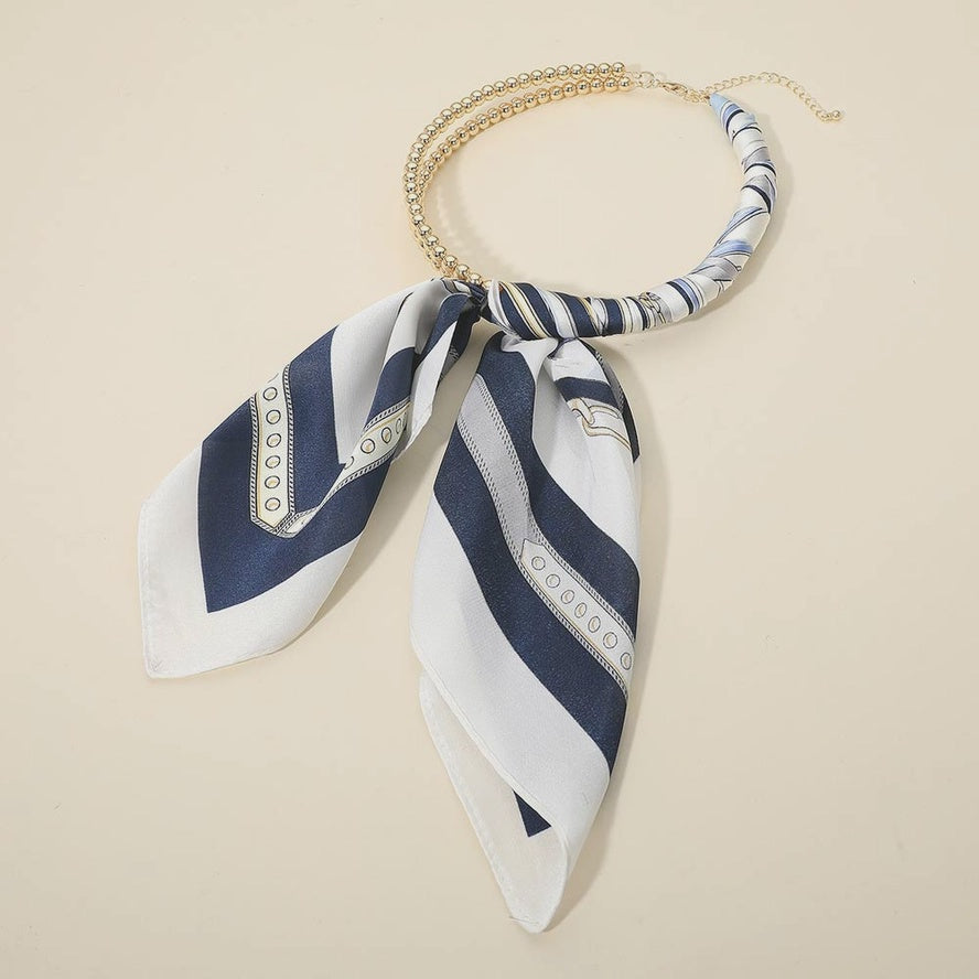 Abstract Pattern Fabric Scarf Double Bubble Chain Necklace in Blue Stripe