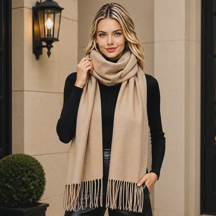Classic Plain Fringe Scarf in Beige