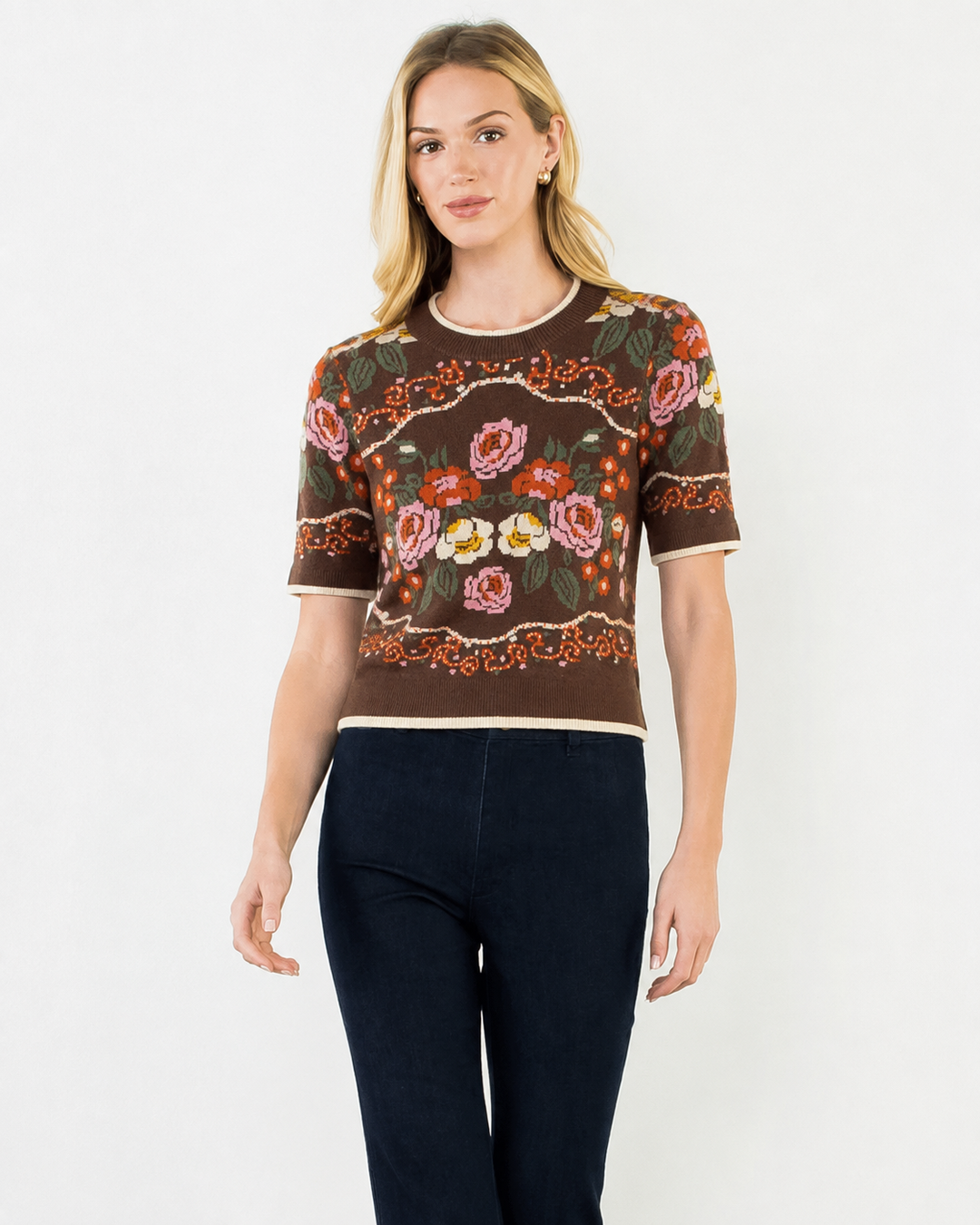 Short Sleeve Floral Printed Knit Top
