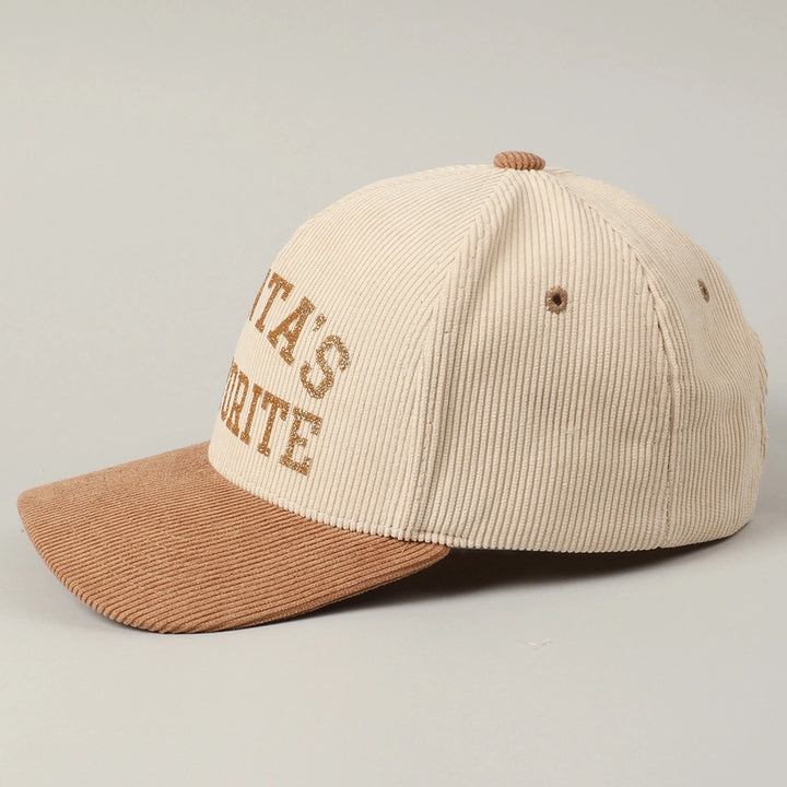 Santa's Favorite Glitter Text 5 Panel Corduroy Cap in Beige