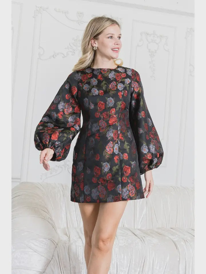 Take Care Black Rose Printed Mini Dress