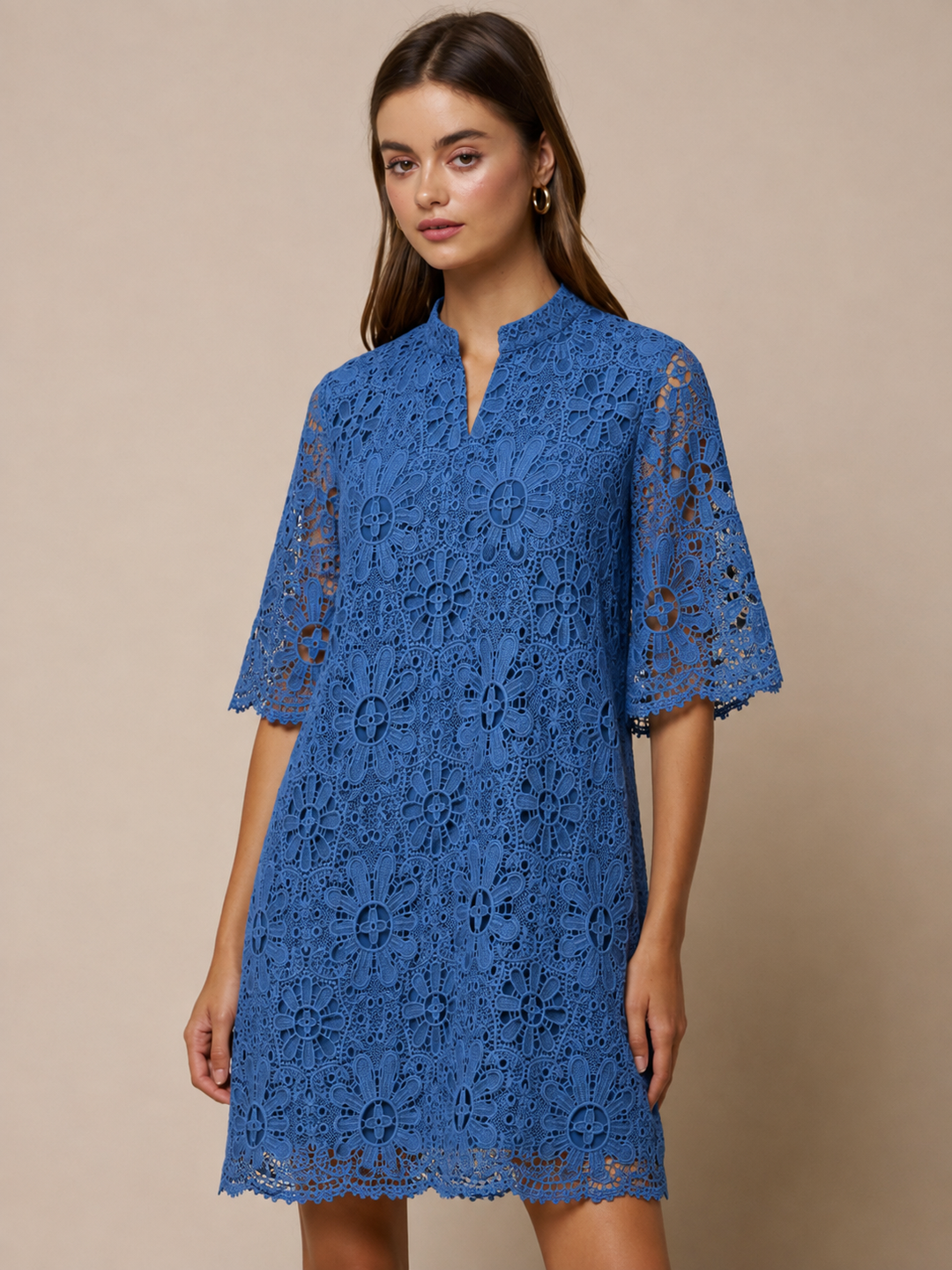 A Good Thing Going High Neck Dress in Blue Lace
