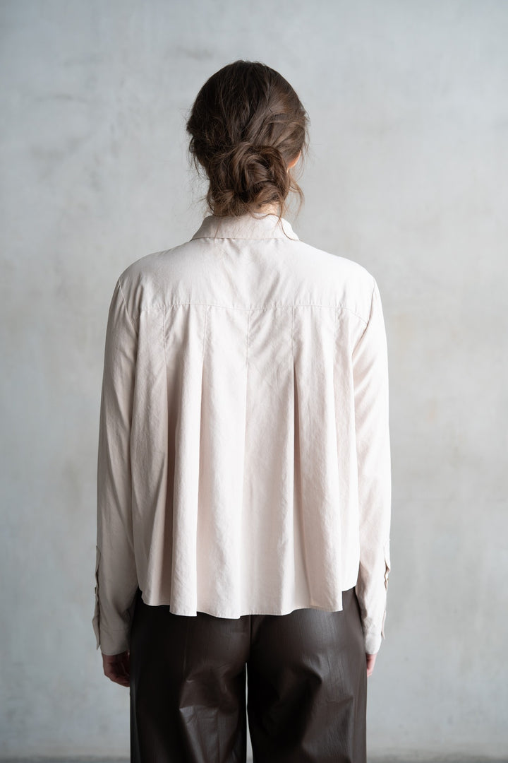 Taupe Pleated Button Down Long Sleeve Top