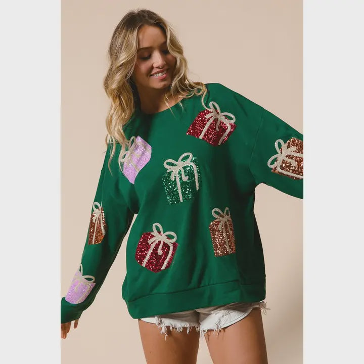 Sequin Christmas Gift Box Embroideries Pullover