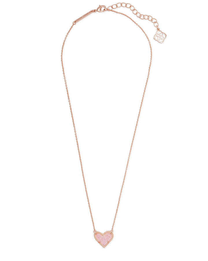 Kendra Scott Ari Heart Silver Short Pendant Necklace in ROSE GOLD PINK DRUSY