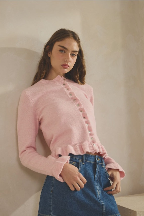 Pink Ruffle Wave Button Knit Cardigan