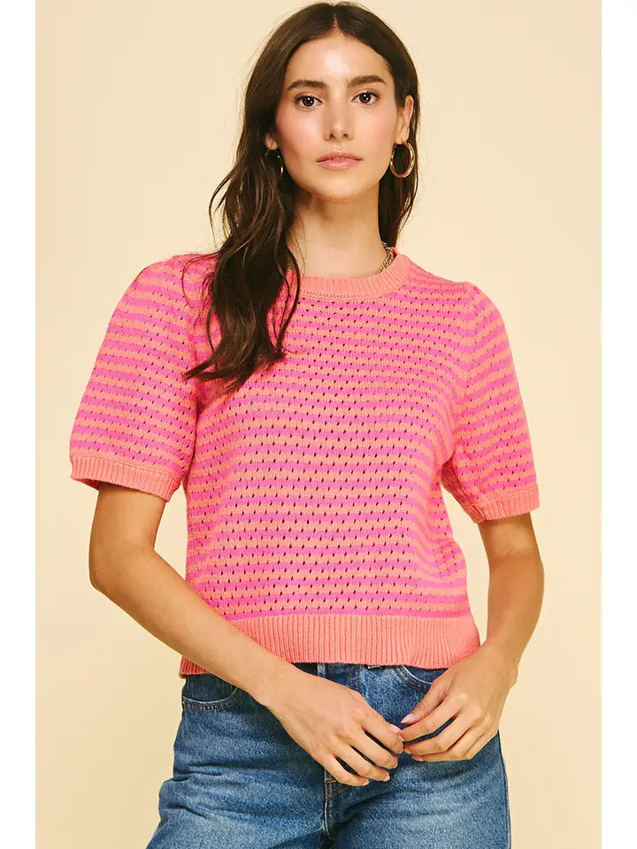 Pink Colorblock Textured Striped Knit Top