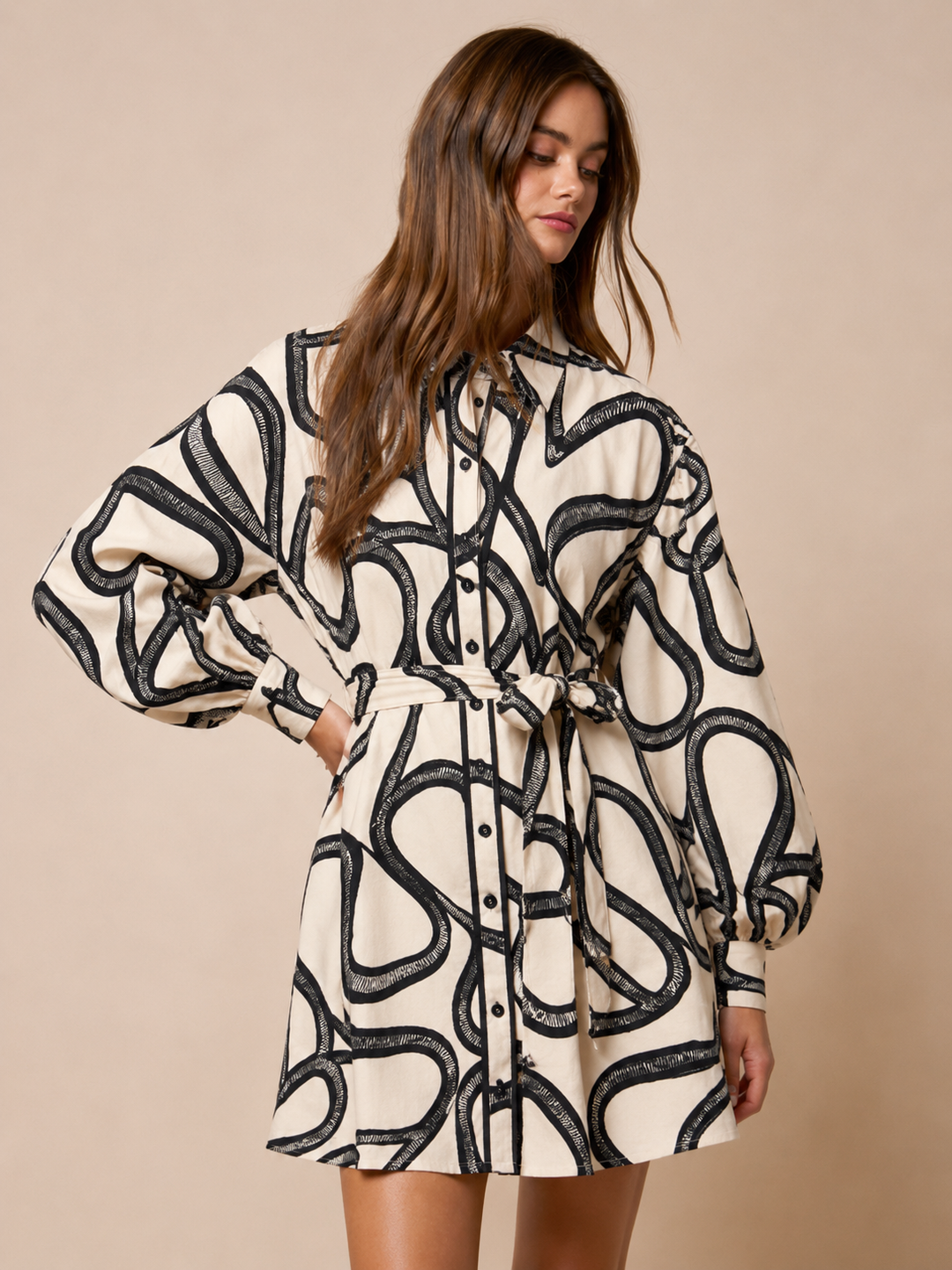 On The List Puff Sleeve Mini Dress in Ivory Pathways