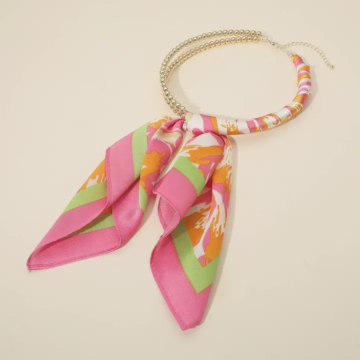 Abstract Pattern Fabric Scarf Double Bubble Chain Necklace in Pink