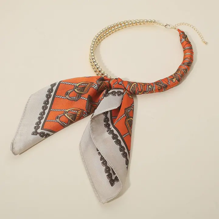 Abstract Pattern Fabric Scarf Double Bubble Chain Necklace in Dark Orange