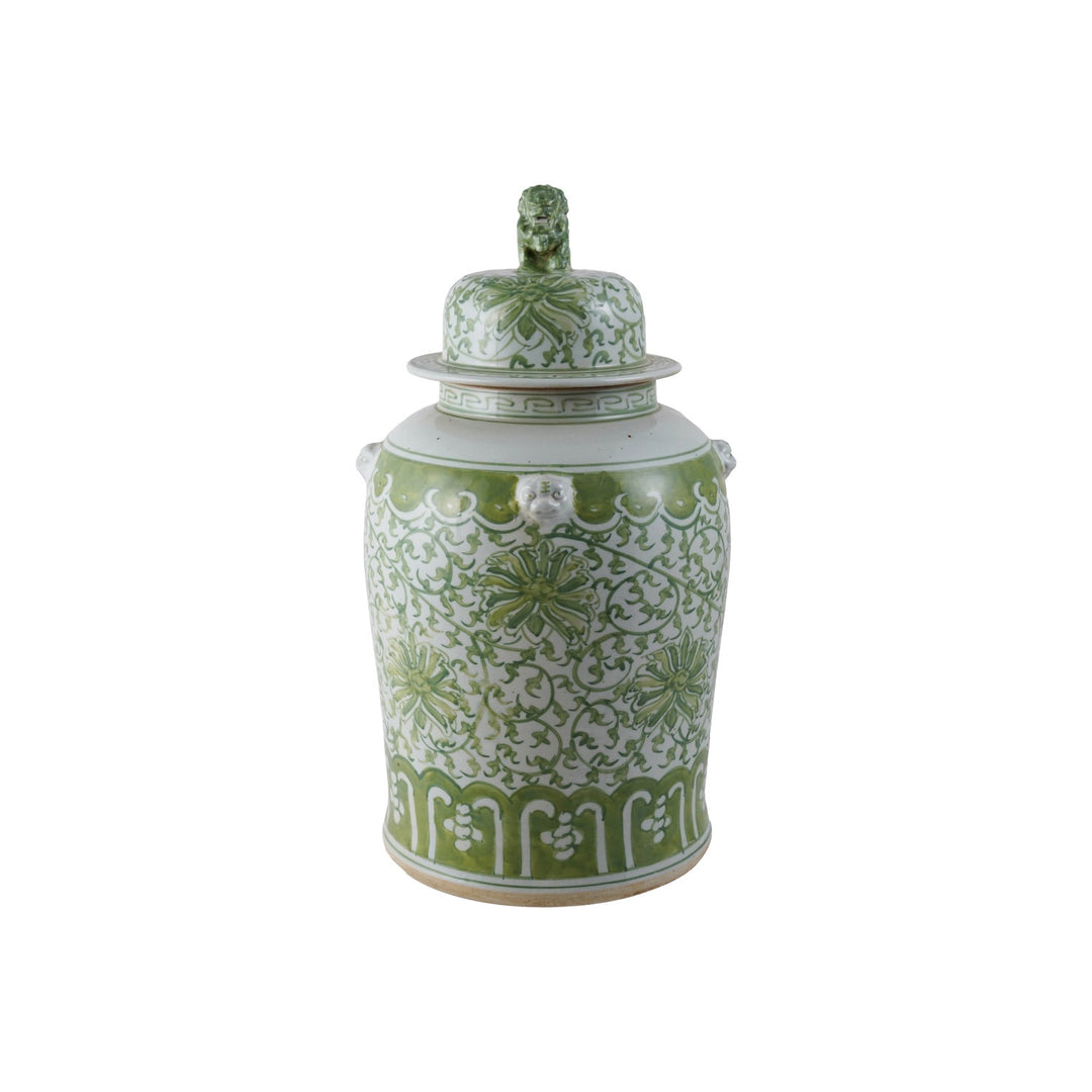 Decorative Hand-Painted Stoneware Ginger Jar w/ Floral Pattern & Foo Dog
