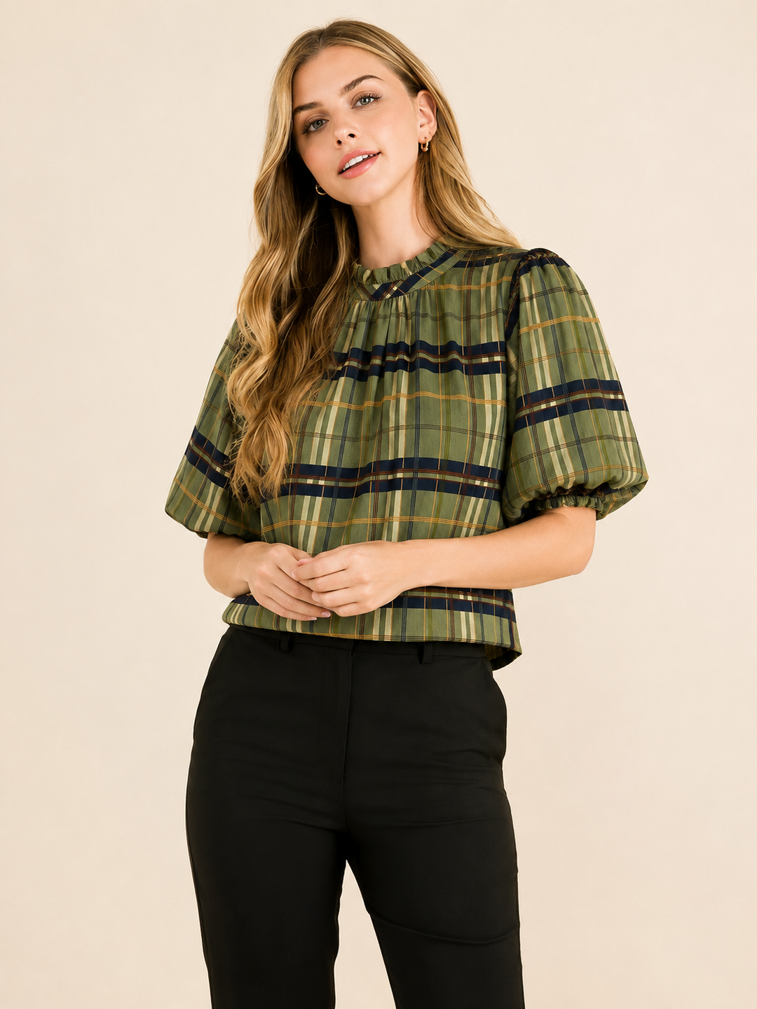 Ruffle Neck Plaid Top in Green