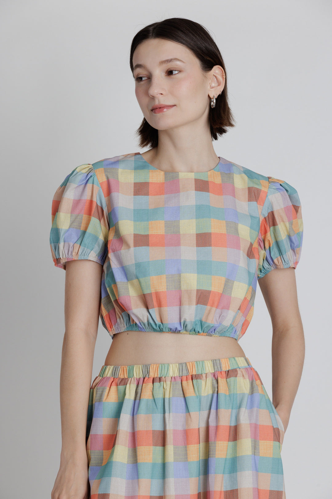 Plaid Puff Sleeve Crop Top