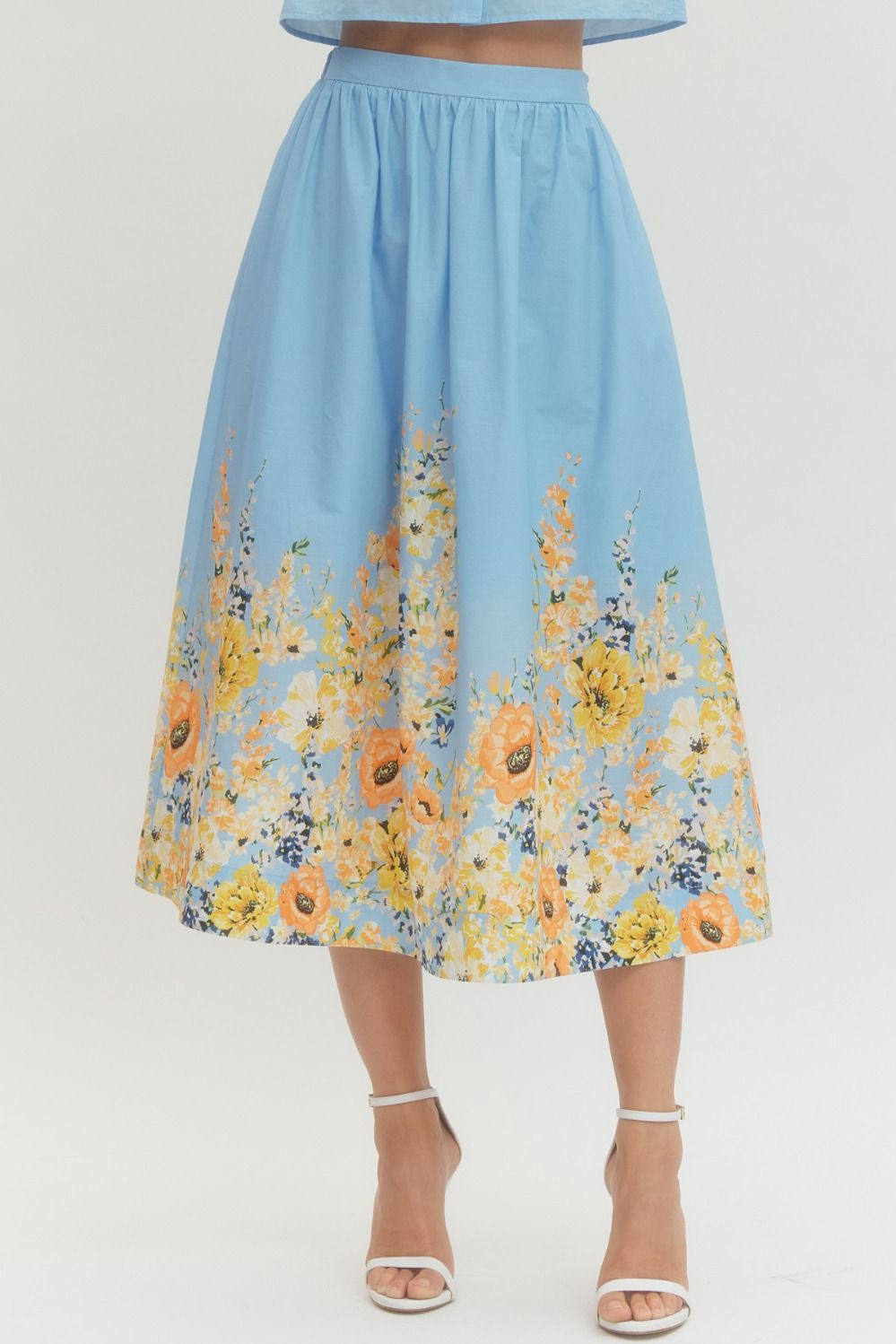 Floral Print Midi Skirt in Blue