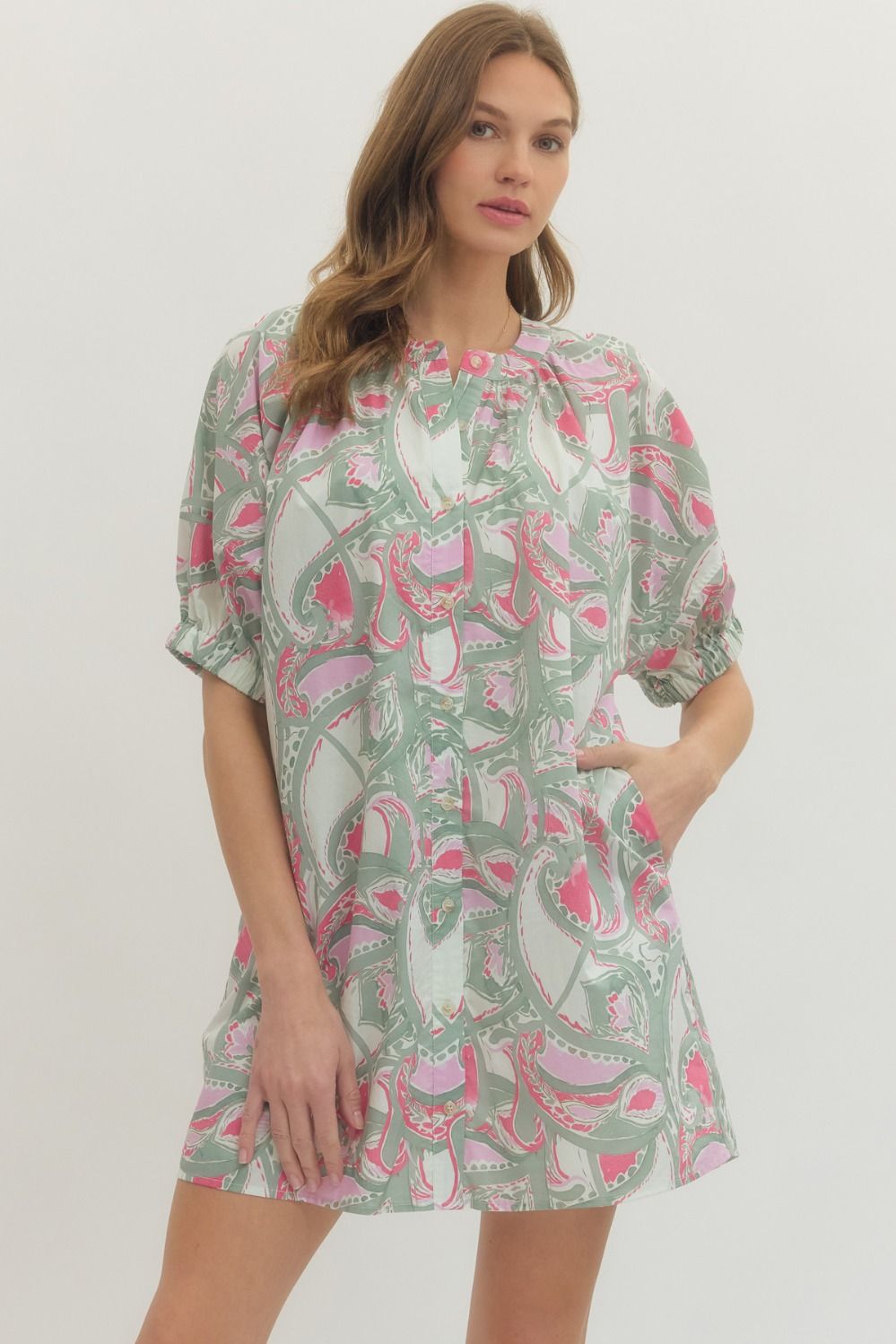 Multi Pink Printed Button Dress