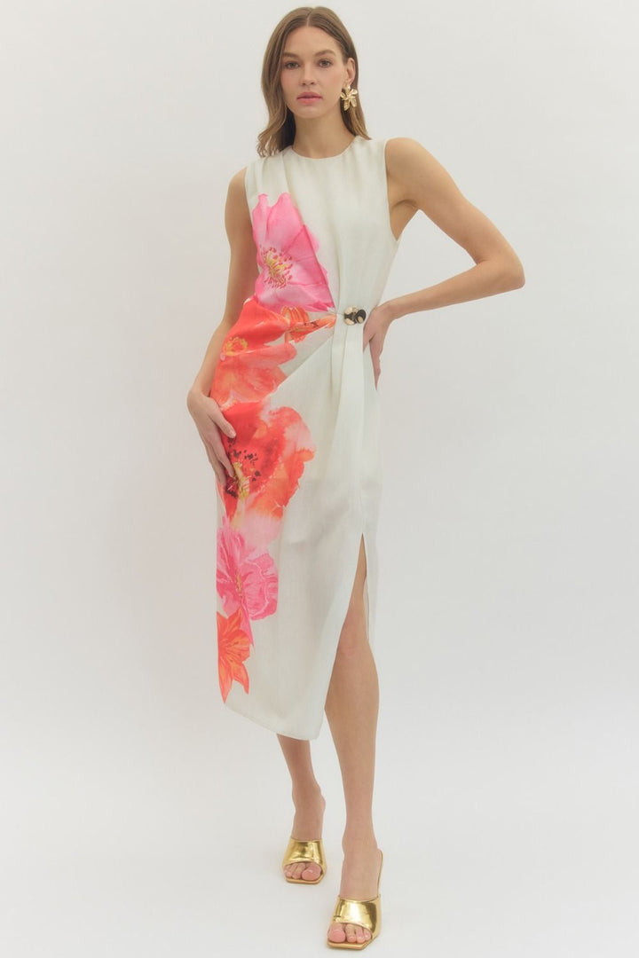 Cream Floral Sleeveless Midi Dress