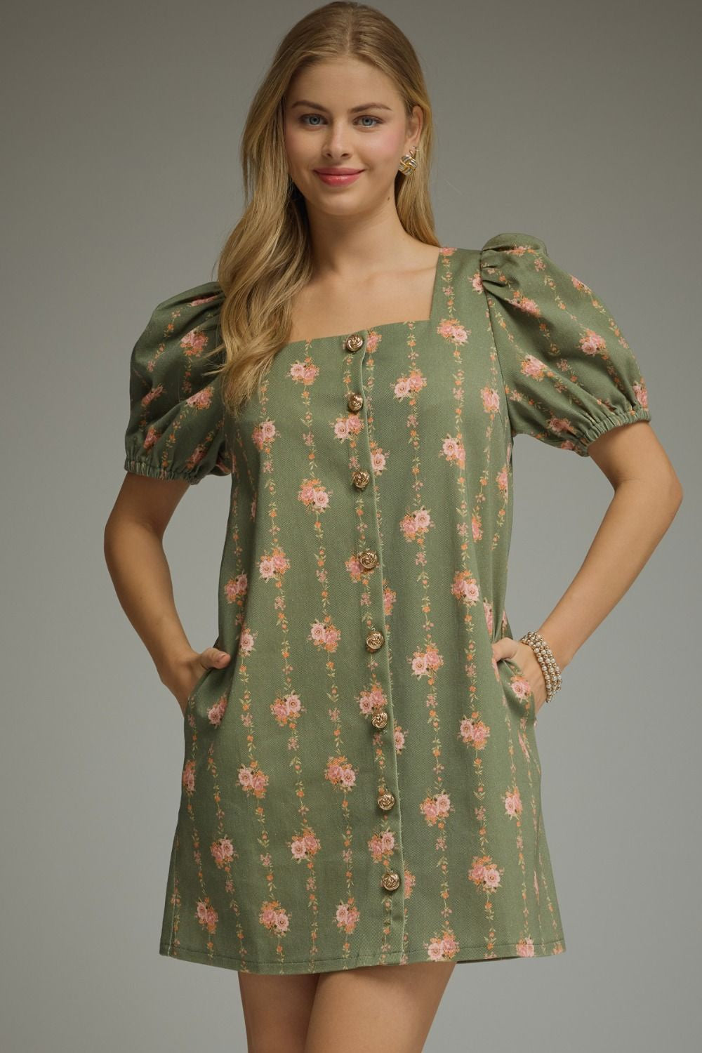 Green Floral Print Square Neck