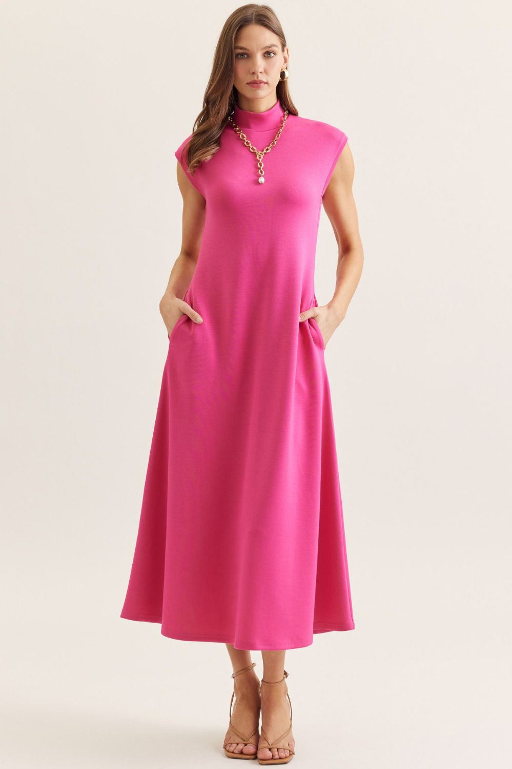 Solid Cap Sleeve Mock Neck Midi Dress