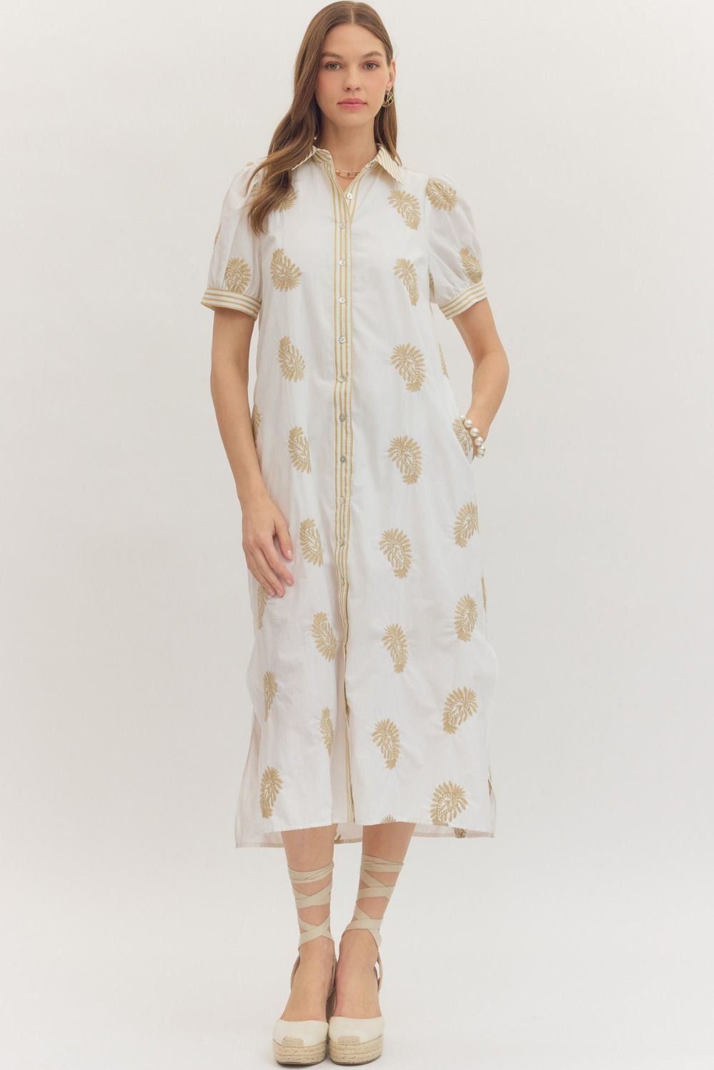 Embroidered Short Puff Sleeve Midi Dress in Off White