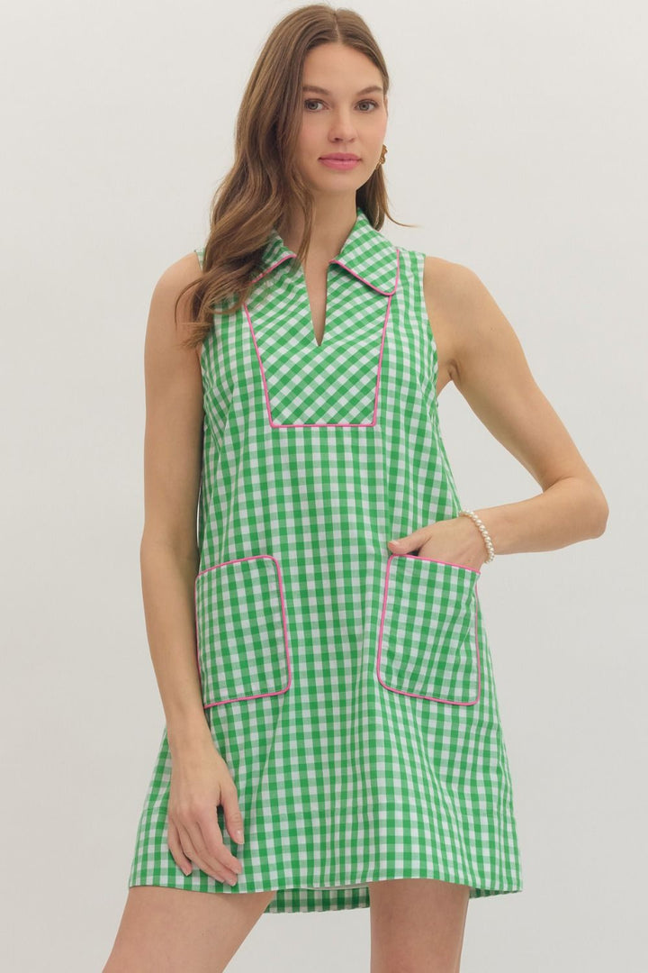 Green Check Print Sleeveless Mini Dress