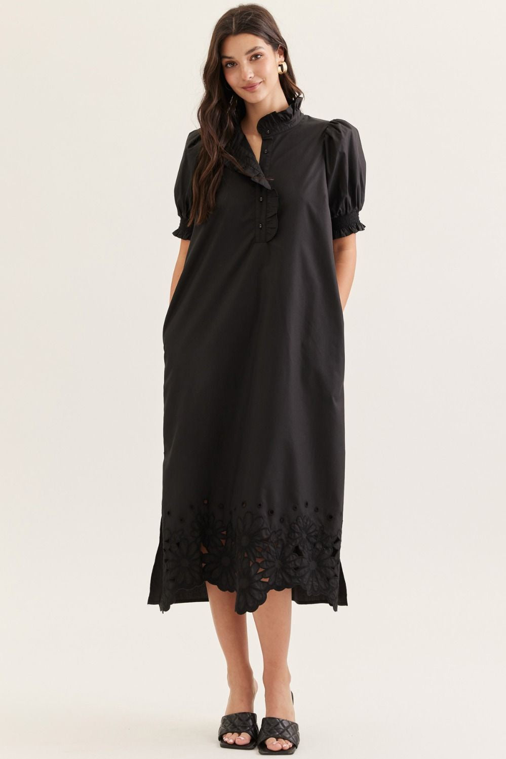 Solid Black Puff Sleeve Dress