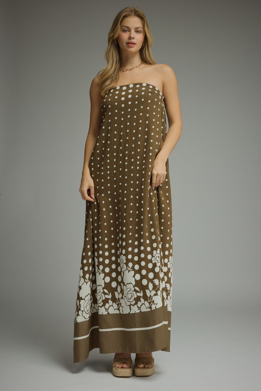 Just Enough Olive Green Polka Dot Maxi Dress