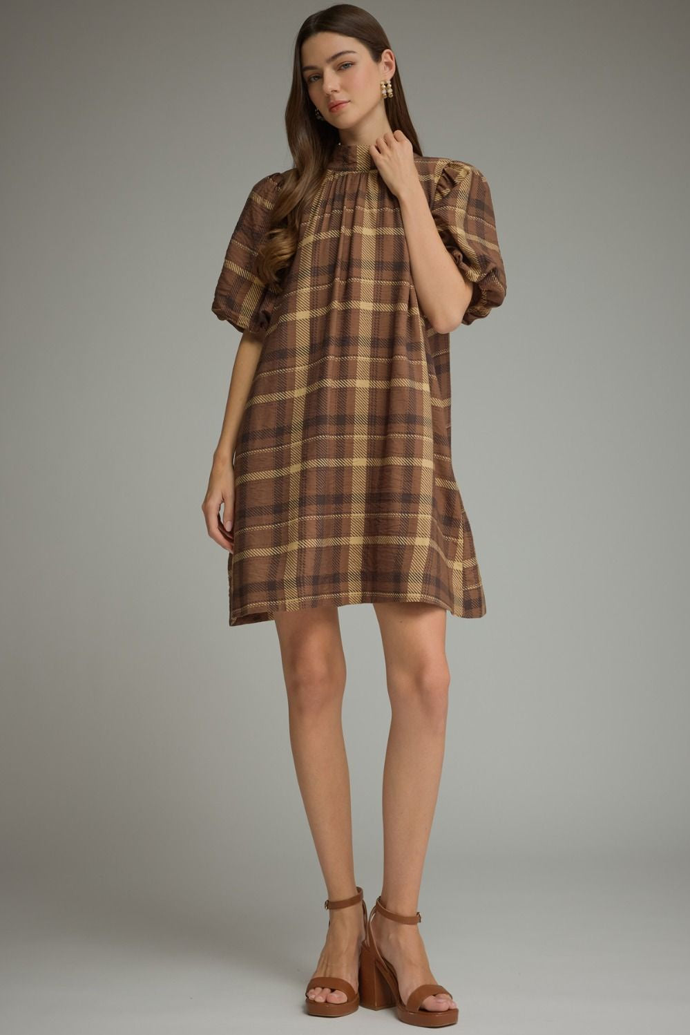 Plaid Brown Balloon Sleeve Dress