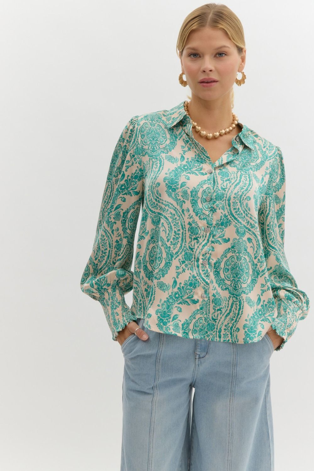 Giving It Time Paisley Print Collared Button Up in Emerald