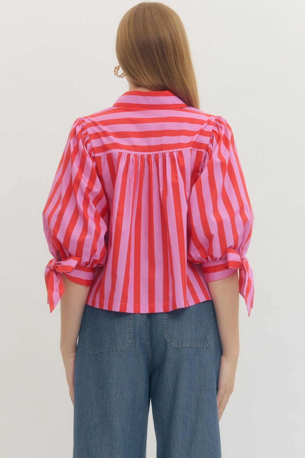 Striped Puff Sleeve Top in Red