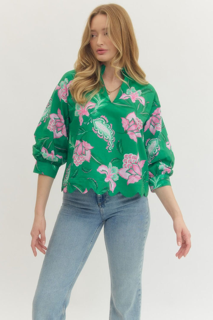 Green Floral Print Top