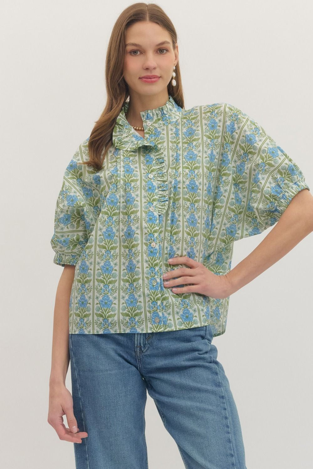 Botanical Print Short Dolman Sleeve Top