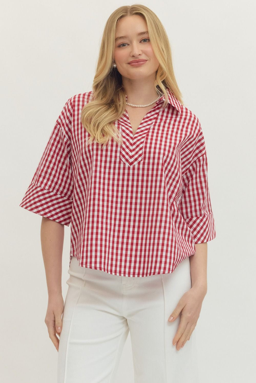 Gingham Print 3/4 Sleeve Top in Red