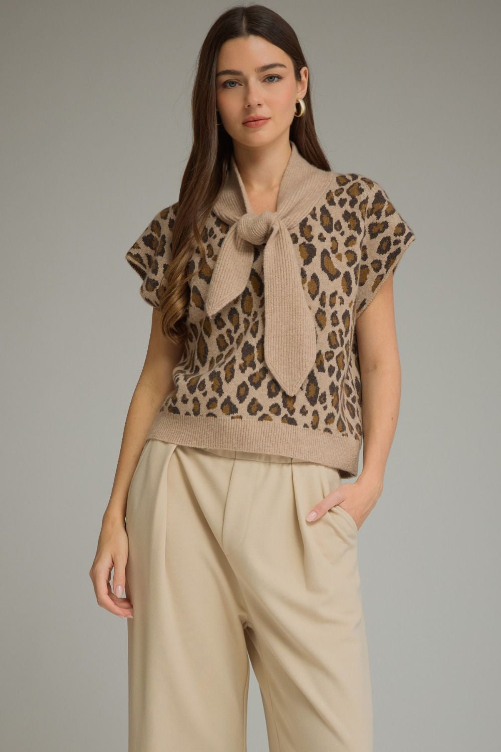 Leopard Pattern Short Sleeve Sweater Top