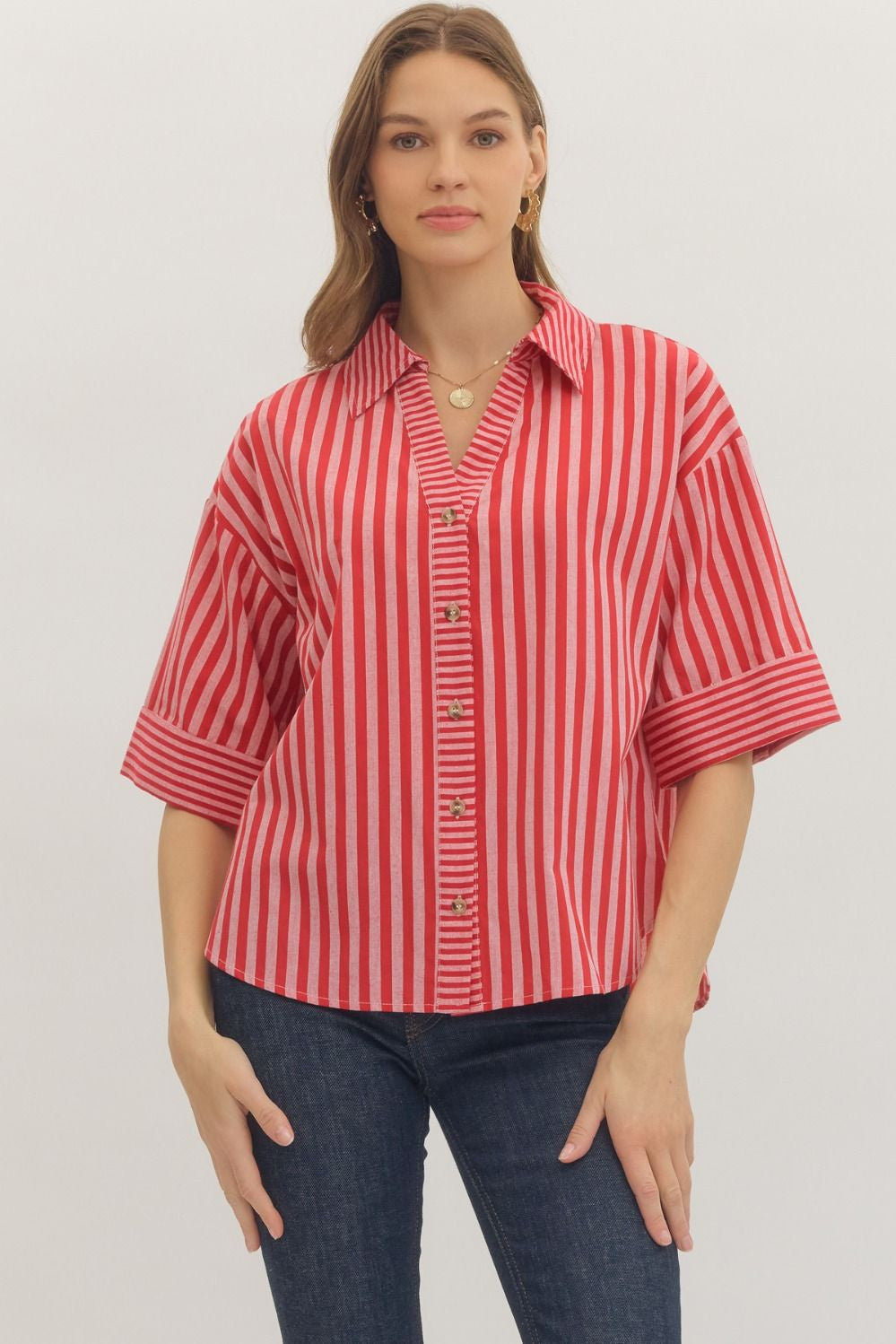 Striped Short Sleeve Top in Red