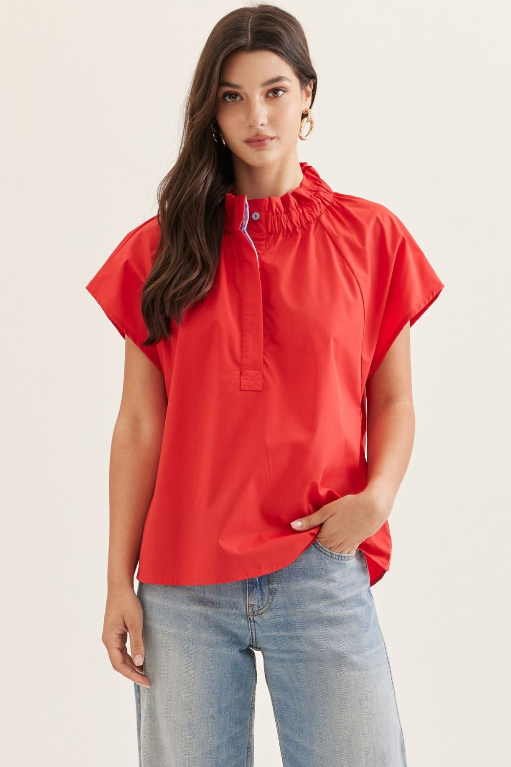 Red Solid cap sleeve top