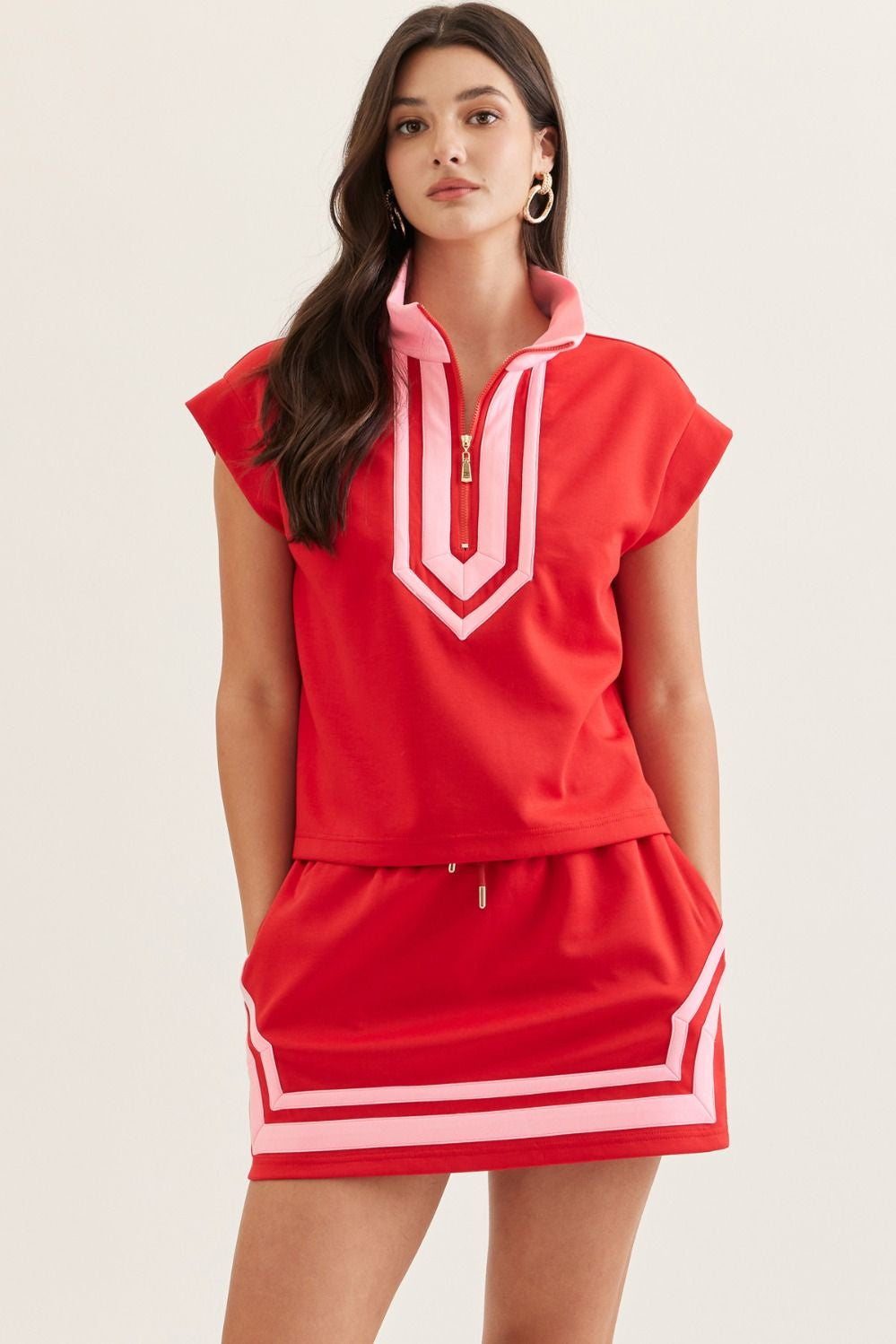 Red Zippered Solid Cap Sleeve Top