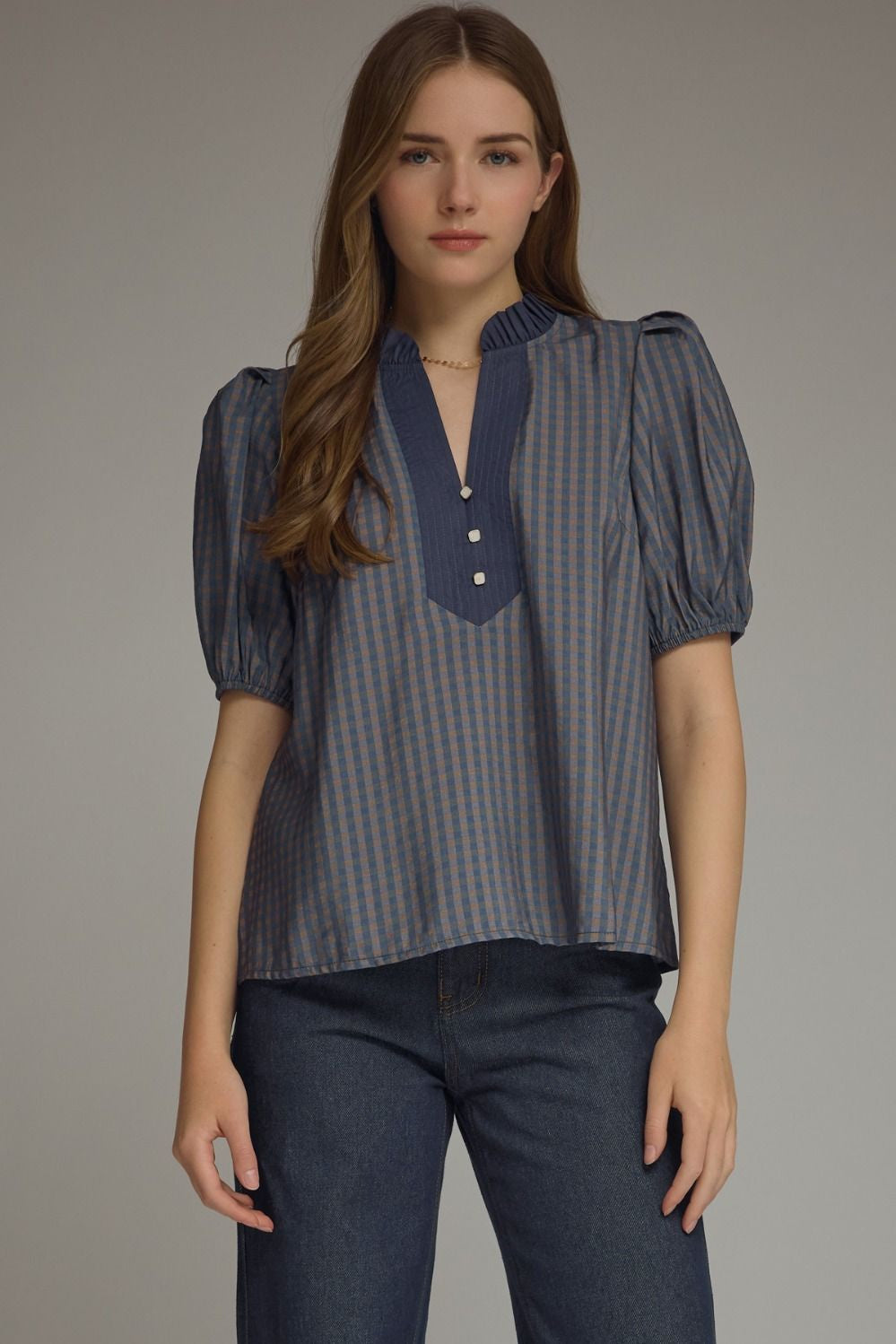 Gingham Short Puff Sleeve Top in Navy