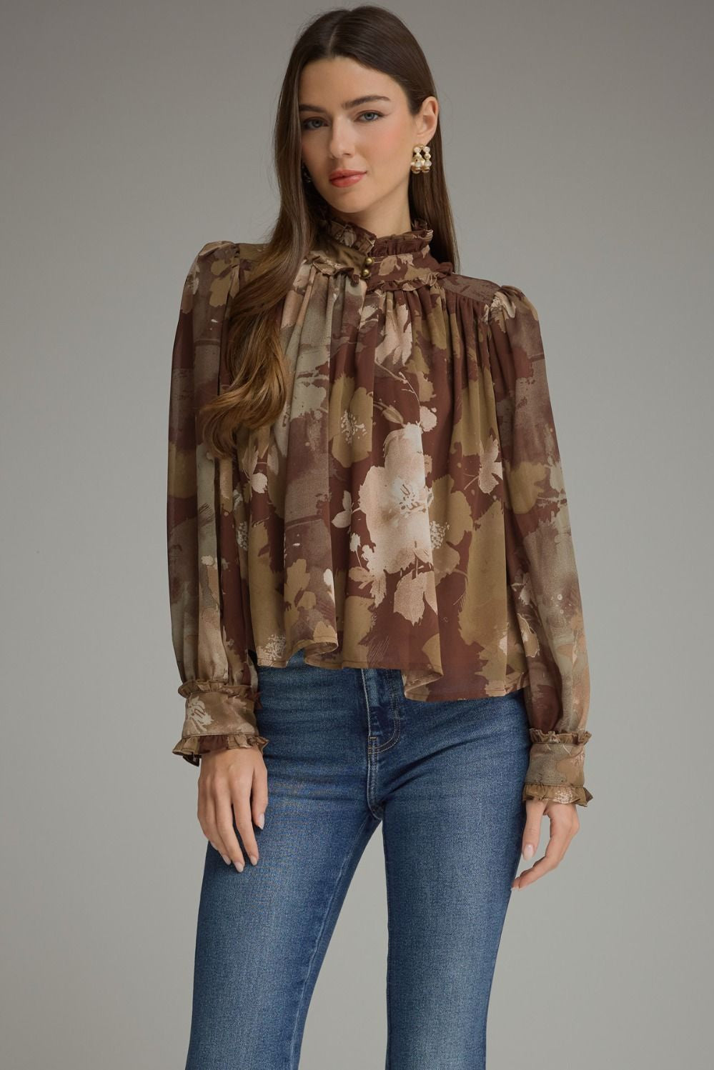 Printed Long Puff Sleeve Top in Brown