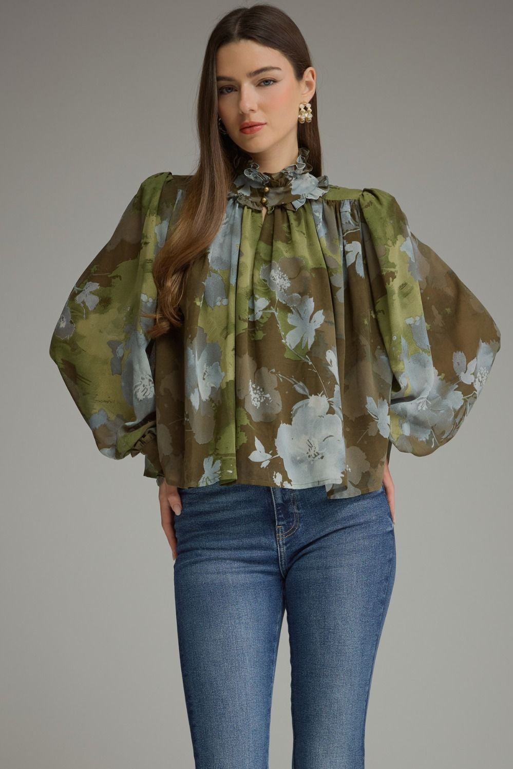 Printed Long Puff Sleeve Top in Olive