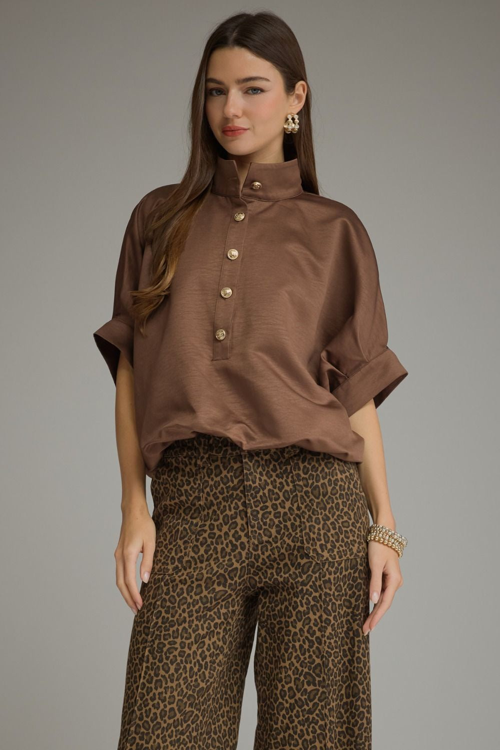 Solid Short Sleeve Brown Top