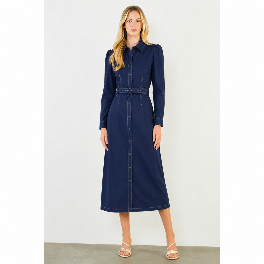 Long Belted Dress in Navy