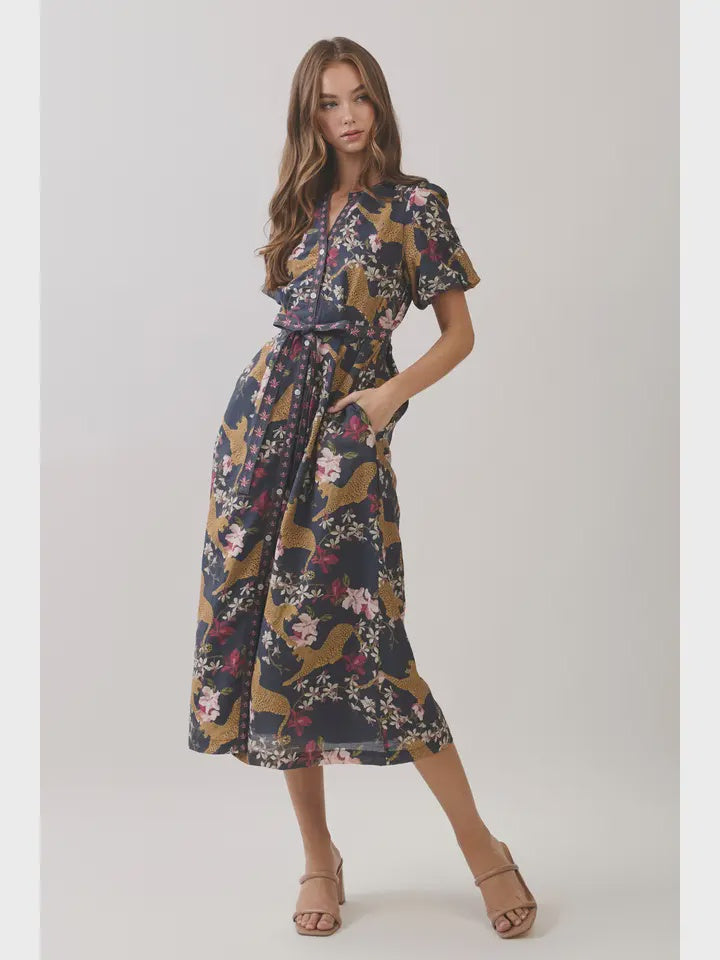 Animal Floral Print Belted Midi Dress in Navy