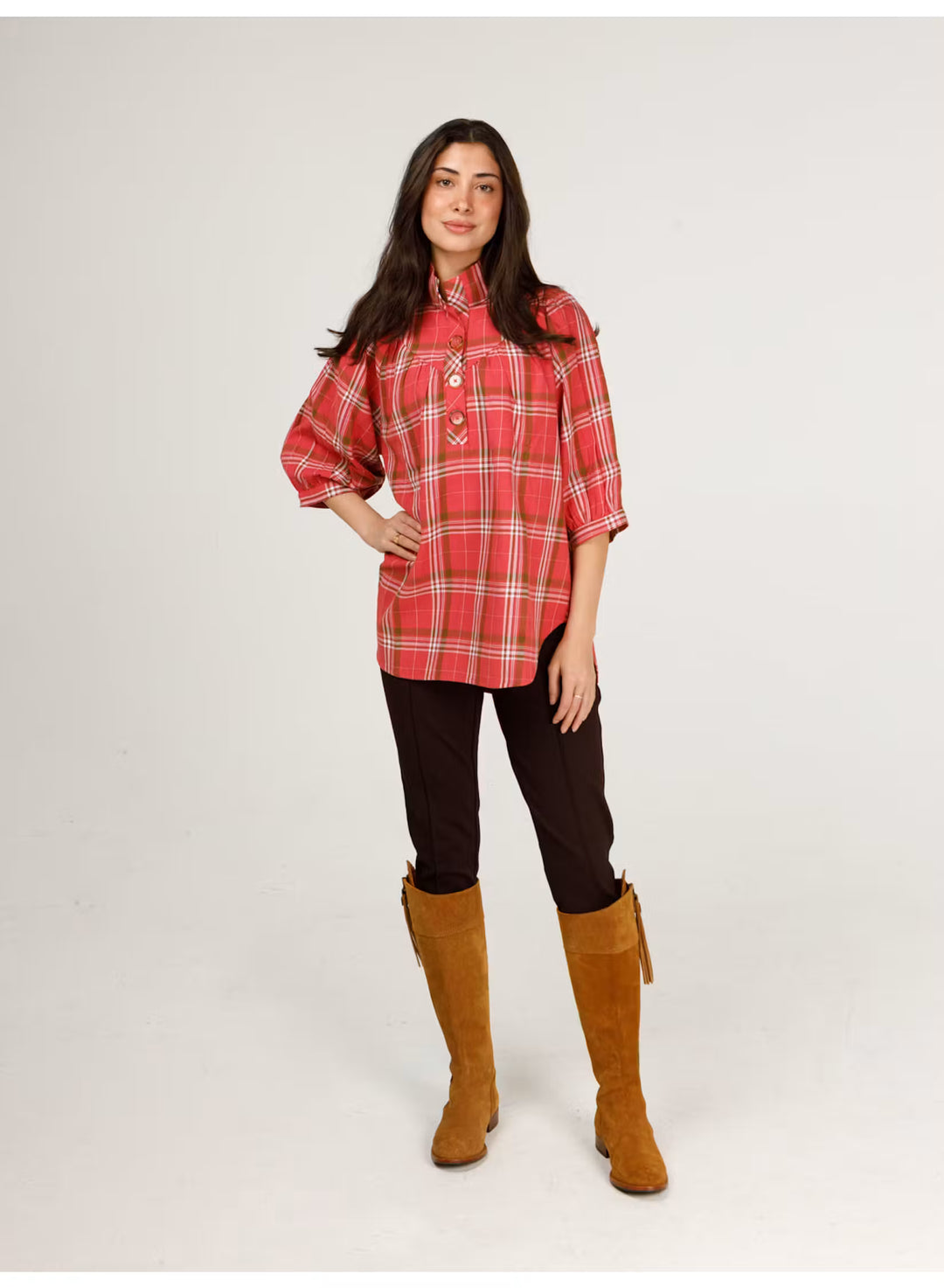 Holly Shae Avie Top in Pink Brown Plaid