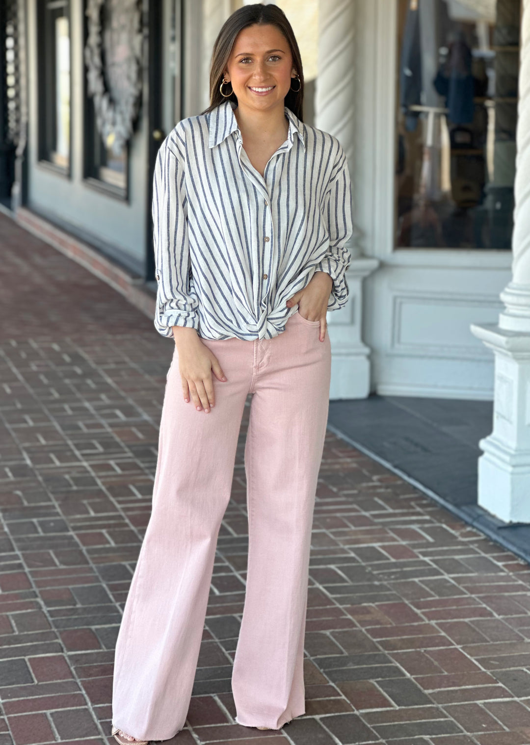 Charlie B Navy Stripe Long Sleeve Twist Front Blouse