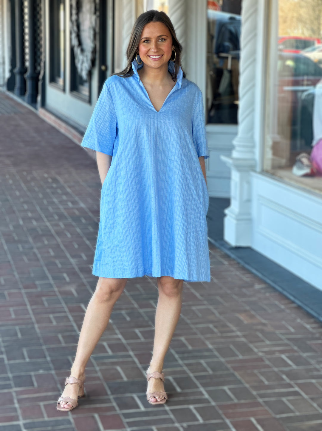 Oliva Ruffle Pocket Dress in Baby Blue